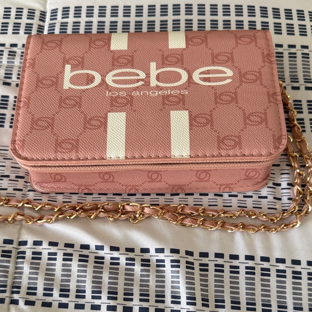 bebe Pink Logo Crossbody with Gold Chain and White Stripes